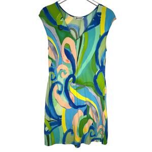 Jams World Velzly Land Abstract Print Shift Dress M Pullover V-Neck Green Multi